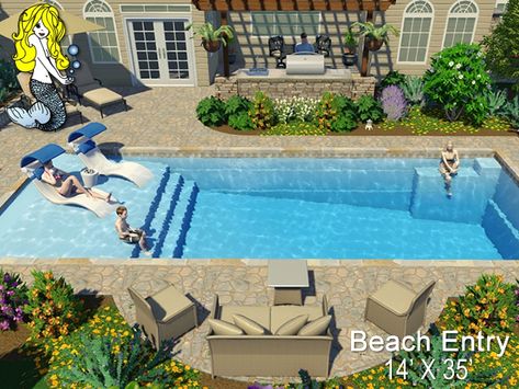 Swimming Pools Backyard Inground, Pool Landscaping Ideas, Inground Pool Landscaping, Beach Entry Pool, Living Pool, Dream Backyard Pool, Fiberglass Pool, Pools Backyard Inground, Fiberglass Swimming Pools