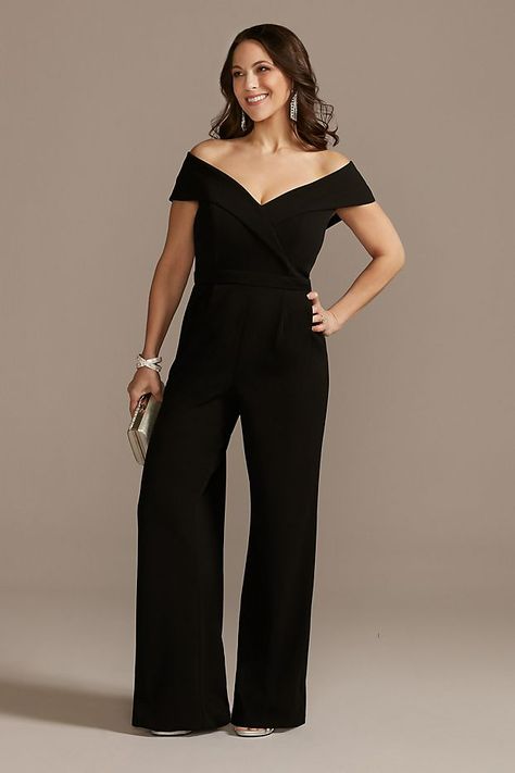 Off-The-Shoulder Crepe Sweetheart Jumpsuit | David's Bridal Semi Formal Outfits For Women Wedding, Semi Formal Outfits For Women, Wedding Pants, Semi Formal Outfits, Jumpsuit Style, Dress Code Wedding, Long Gowns, Cocktail Wear, Crepe Jumpsuit