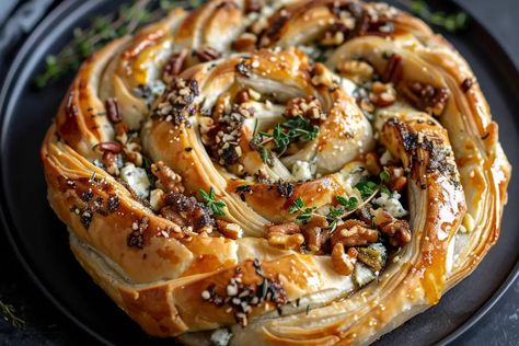 Blue Cheese Walnut Thyme Pull Apart, Pull Apart Puff Pastry, Blue Cheese Appetizers, Savoury Pastries, Pastry Recipes Savory, Puff Pastry Recipes Savory, Savory Puff Pastry, Phyllo Dough Recipes, Baked Brie Recipes