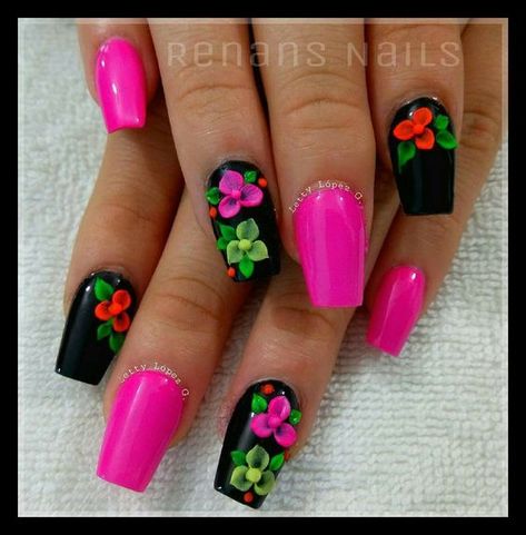 Mexican Nails Designs Flowers, Mexican Flower Nails, Mexican Nail Art, 3d Flower Nail Art, Mexican Nails, Gel Nails Design, Quinceanera Nails, Nail Nail Designs, Nail Aesthetic