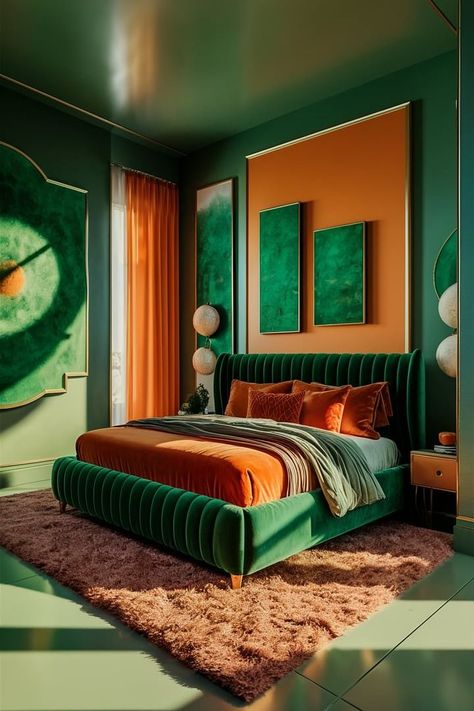 #bedroomdecor #walldecor #homedecor #interiordesign #decorinspiration #bedroominspo #diyhomedecor #designideas #interiorstyling Emerald Green And Orange Bedroom, Green And Orange Bedroom Ideas, Orange And Green Bedding, Bright Green Room, Green Aesthetic Bedroom Ideas, Orange Green Bedroom, Green Orange Bedroom, Orange And Green Bedroom, Green And Orange Bedroom