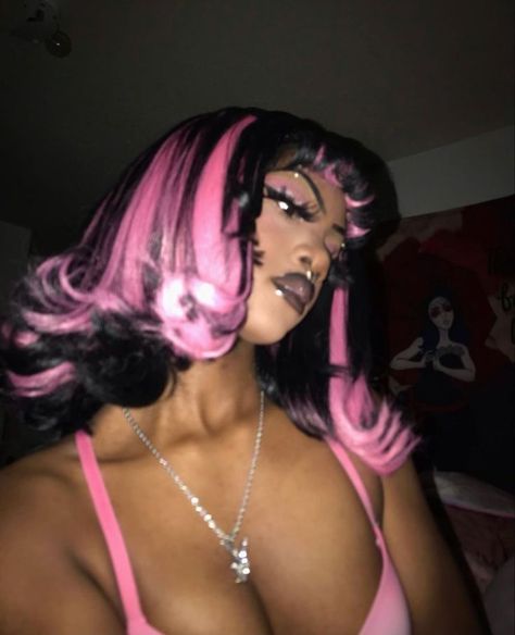 #follow #hairgoals #hairstyles #hair #beautyblog #blogging #blogger #blog Pink And Black Pfp Aesthetic, Hot Pink Hair Character, Pink Hair Black Highlights, Pink And Black Y2k Aesthetic, Bang Dyed Hair, Pink Hair Styles Black Women, Black And Pink Hair Black Women, Y2k Oc Art, Outrageous Pictures