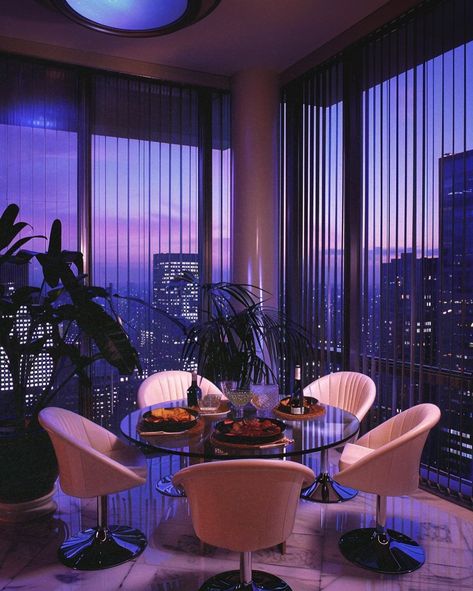 POV: Your luxe but lonely urban penthouse in 1984 💜✨ [AI] Get your wall posters on liminaldestinations.com and AI prompts on Ko-fi (links in bio!) • • • • #80sinterior #1980sinterior #80saesthetic #1980s #80svibes #80snostalgia #80sdecor #80s #80spenthouse #vintage #interiordesign #homedecor #luxuryhomes #midcentury #midcenturymodern #postmodern #luxury 70s Penthouse Apartment, 80s Loft Apartment, 80s Apartment Decor, 80s Style Living Room, Miami Vice Interior Design, 80s Aesthetic Home, Miami In The 80s, 80s Aesthetic House, 80s Rich Aesthetic