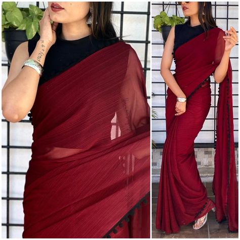 *Looking for something stylish for your wardrobe* *Then just grab this stylish Georgette saree* *DESIGN-🖤ELINA 🖤* *FABRIC* *SAREE-Black Georgette* *BLOUSE- Banglori Satin* *SIZE* *SAREE. -5.50* *BLOUSE- 0.80* *PATTERN* *SAREE-Negative print with pompom lace* *BLOUSE-plan* S⁵⁸ *RATE:- 850+$/-* Plan Saree Blouse Designs, Black And Red Saree Look, Black Saree Red Blouse, Western Look Saree, Georgette Saree For Wedding, Red Saree Black Blouse, Red Saree With Black Blouse, Black And Red Saree, Red Georgette Saree