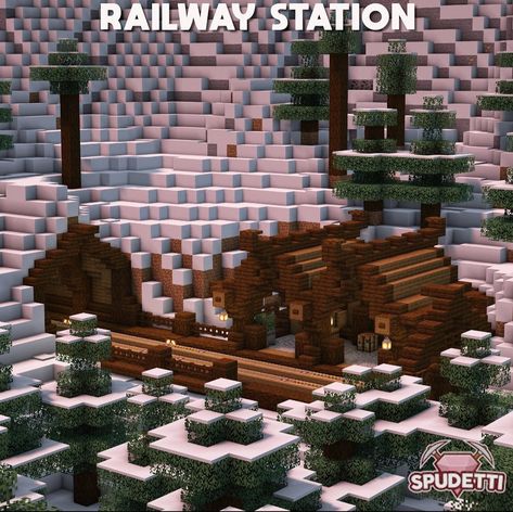 Minecraft Railway Station Ideas, Snowy Base Minecraft, Minecraft Railway Bridge, Minecraft Minecart Station, Viking Minecraft Builds, Nether Highway, Minecraft Railway Station, Minecraft Railway Ideas, Minecraft Railway