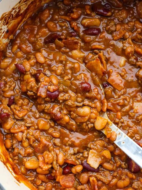 Baked Beans With Hamburger, Ground Beef And Bacon, Cowboy Baked Beans, Slow Cooker Baked Beans, Best Baked Beans, Bean Dishes, Bbq Beans, 2023 Food, Slow Cooker Baking