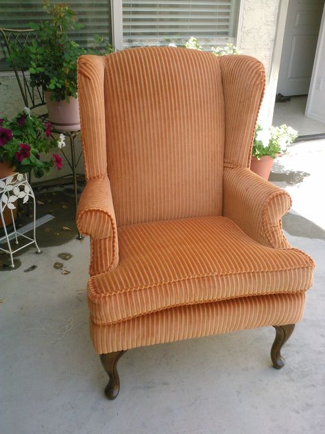 Wide wale orange corduroy fabric on Winged back chair. Corduroy Furniture, Orange Chair Bedroom, Orange Wingback Chair, Orange Velvet Armchair, Yellow Wingback Chair, Couch Upholstery, Childhood Movies, Chair Upholstery, New Living Room