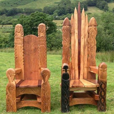 Norse Thrones Viking Chair, Handmade Chair, Medieval Furniture, Viking Life, Viking Wedding, Throne Chair, Wooden Chairs, Reclaimed Wood Furniture, Viking Style