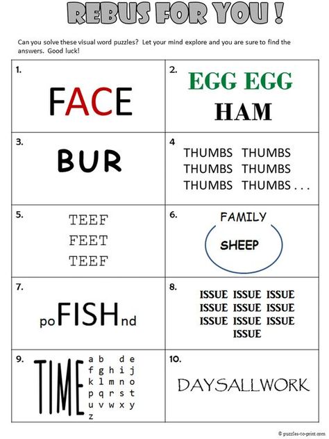 Free, printable rebus worksheet from Puzzles to Print. Features 10 visual word puzzles to get adults and kids thinking outside of the box. Rebus Puzzles For Kids, Word Puzzles Brain Teasers, Printable Brain Teasers, Kids Worksheet, Rebus Puzzles, Brain Teasers For Kids, Brain Puzzles, Brain Teaser Puzzles, Math Methods