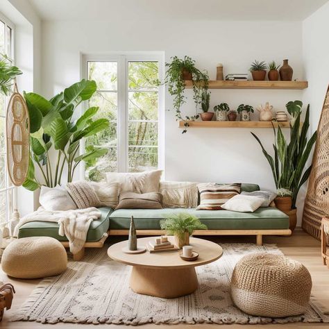 Achieving the Perfect Minimalist Bohemian Living Room Balance • 333+ Images • [ArtFacade] Green And Tan Living Room Decor, Minimalist Bohemian Living Room, Rooms Inspiration, Theme House, Antique Living Room, Earthy Living Room, Bohemian Living Room Decor, Lots Of Plants, Housing Design