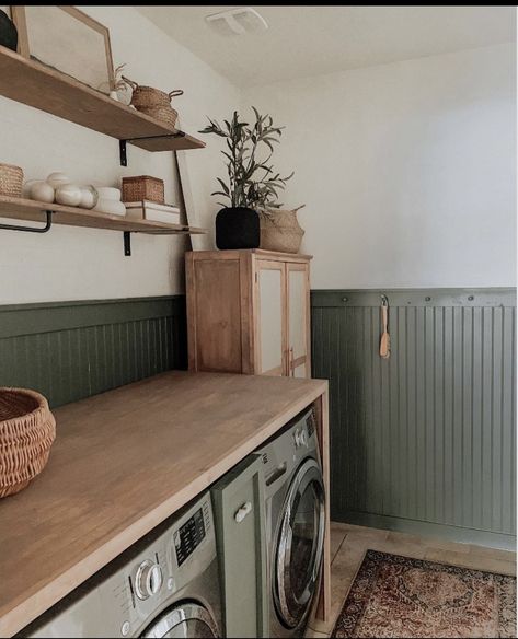 Wood Panelling Laundry Room, Laundry Room With Beadboard, Wall Paneling Laundry Room, Paneling In Laundry Room, Carport Laundry Room, Laundry Room Hallway Ideas, Green And Wood Laundry Room, Wood Panel Laundry Room, Open Concept Laundry Room