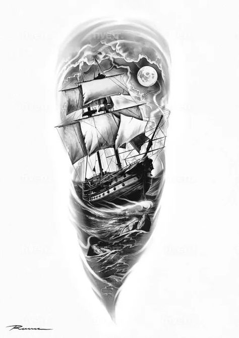 Ship Tattoo Sleeves, Pirate Ship Tattoos, Nautical Tattoo Sleeve, Chicano Tattoos Sleeve, Graphic Tattoo, Lion Tattoo Sleeves, Clock Tattoo Design, Map Tattoos, Full Arm Tattoos