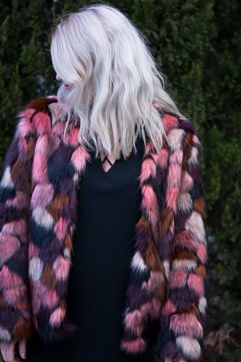 Dressing Up in Faux Fur for Valentine's Day. | Ashley from LSR Black Dress Black Tights, Burgundy Boots, Elevated Style, Anorak Jacket, Fashion Group, Blogger Style, Hey Girl, Mixed Colors, Hooded Coat