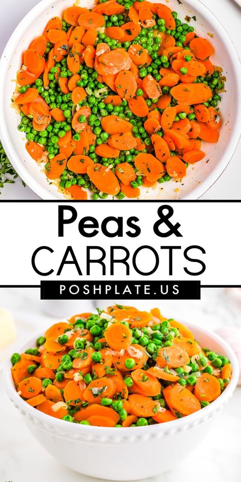 Peas and carrots is a quick and easy side dish made with fresh or frozen peas and carrots, cooked in butter and stock, perfect for any meal. Carrots And Peas Side Dishes, Peas And Carrots Recipe Side Dishes, Peas And Carrots Recipe, Carrots Cooked, Frozen Peas And Carrots, Potato Side Dishes Easy, Plate Recipes, Peas And Carrots, Farmers Market Recipes