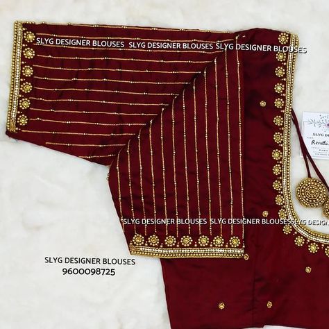 Zardosi Work Blouse, Malaysian Wedding, Aari Design, Gold Work Embroidery, Tamil Brides, Maroon Blouse, Aari Work Blouse, Gold Blouse, Contrast Blouse