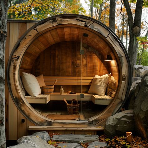 Create the Ultimate Outdoor Sauna and Hot Tub Retreat: 13 Ideas - DreamyHomeStyle Barrel Sauna Ideas, Sauna By The Lake, Spa Rooms Ideas Decor, Cabin Terrace, Outdoor Spa Area Ideas, Diy Sauna Outdoor, Outdoor Sauna Ideas Backyards, Outdoor Sauna And Hot Tub, Outdoor Sauna Ideas