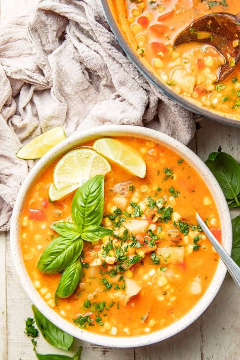 Thai Corn Soup, Shrimp And Corn Soup, Coconut Red Curry, Peppers And Potatoes, Shrimp Corn Chowder, Curry Base, Vegan Corn Chowder, Coconut Curry Shrimp, Potato Corn Chowder