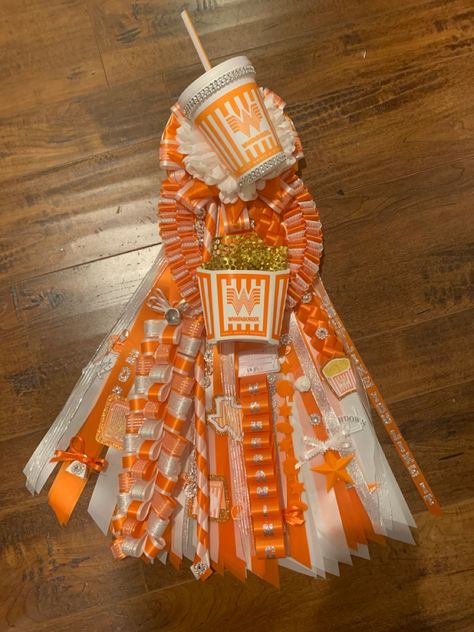 Homecoming, whataburger, Mum, garter Whataburger Decorations, Whataburger Homecoming Mum, Whataburger Mums Homecoming, Homecoming Mums Sophomore, Senior Year Mums, Whataburger Mum, High School Goals, Mum Diy, Hoco 2023