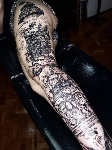 Miyazaki Tattoo, Tatuaje Studio Ghibli, Studio Ghibli Tattoo, Full Leg Tattoos, Ghibli Tattoo, Chihiro Y Haku, Naruto Tattoo, Irezumi Tattoos, Leg Sleeve Tattoo