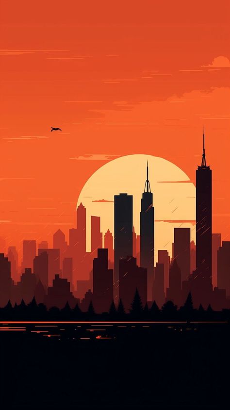 Sunset Orange New York City Skyline Wallpaper for Android and iPhone: Minimalist Aesthetic sunset phone wallpaper #zicxa-photos #zicxa #images #background #wallpaper #freepik #shutterstock #VN Easy Drawing Backgrounds Ideas, Sunset Minimalist Wallpaper, City Poster Design Ideas, Painting City Easy, Sunset Drawing Aesthetic, Easy Cityscape Drawing, New York Aesthetic Drawing, Easy Background Drawing Ideas, New York City Painting Easy