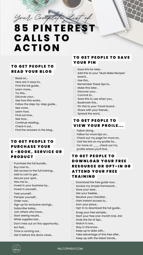 Calls to action are a key piece to finding success on Pinterest as a business owner. Are you struggling to get your audience to engage with your business content? This list of 85 Calls to Action you can use across all social media platforms is going to save you so much time and energy when you get writer's block! Use these to promote your products, services, blog posts, podcast episodes, email list, and more! Download the free guide today! Social Media Manager Services List, Calls To Action Ideas, Blog Post Ideas For Small Business, Freebies For Small Business, Call To Action Ideas Social Media, Promoting Your Business Social Media, Social Media Call To Action, Call To Action Ideas, Call To Action Examples