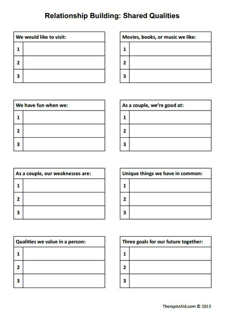 Relationship Building: Shared Qualities Use this worksheet to encourage a couple to work together. The couple will be asked to identify common values, goals, and positive experiences from their relationship. The goal of this worksheet is to place focus on positive interactions. Couples Therapy Worksheets, Relationship Repair, Relationship Worksheets, Counseling Tools, Counseling Worksheets, Marriage Therapy, Relationship Counselling, Family Counseling, Couple Stuff