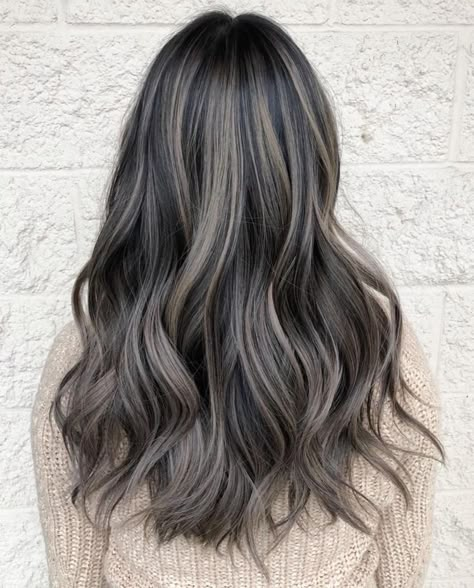 Blue Highlights For Dark Brown Hair, Brown Hair With Grey Balayage, Ashy Blonde Babylights On Dark Hair, Highlights Ash Gray, Ash Grey Highlights On Black Hair, Ash Blonde Balayage On Black Hair, Black Ash Hair, Ash Highlights For Dark Brown Hair, Ash Brown Babylights