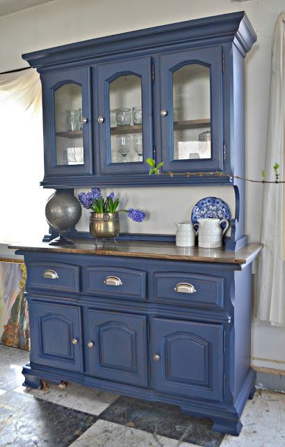 Dark Blue China Cabinet, Refurbished China Cabinet Farmhouse, Hutch Plans, China Cabinet Makeover, Painted China Cabinets, Hutch Makeover, Kitchen Hutch, China Hutch, Blue Furniture