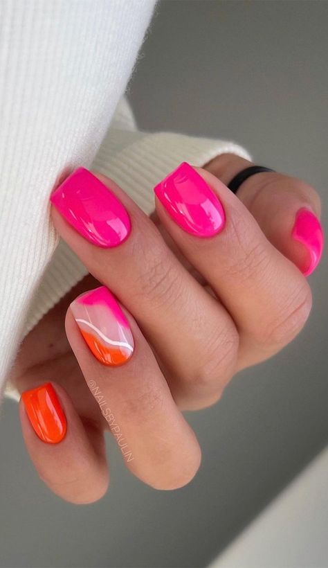 hot pink nails, bright pink nails, hot pink french tips, hot pink french manicure, hot pink nail designs, vibrant pink nails, hot pink nails colour Holiday Acrylic Nails, Orange Nail, Milky Nails, Light Pink Nails, Hot Pink Nails, October Nails, Nagel Tips, Christmas Gel Nails, Simple Gel Nails