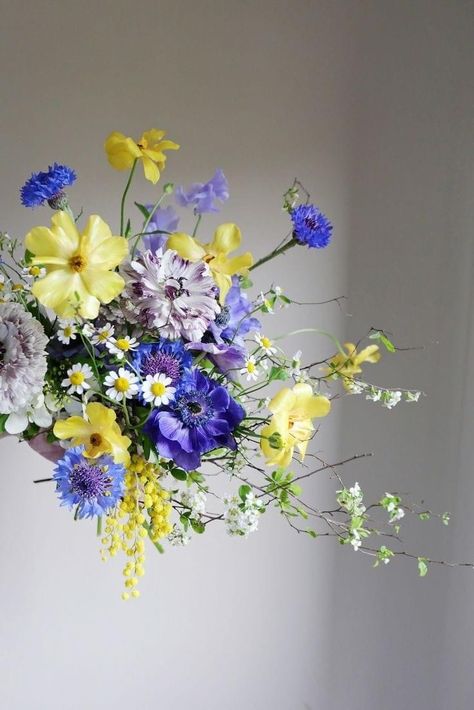 Purple Yellow Flower Arrangements, Yellow And Blue Centerpieces, Purple Blue Flower Arrangements, Blue Purple Yellow Wedding, Blue Yellow Flower Arrangements, Blue And Yellow Floral Arrangements, Blue And Yellow Flower Arrangements, Blue Flower Bouquet, Lilac Wedding Flowers