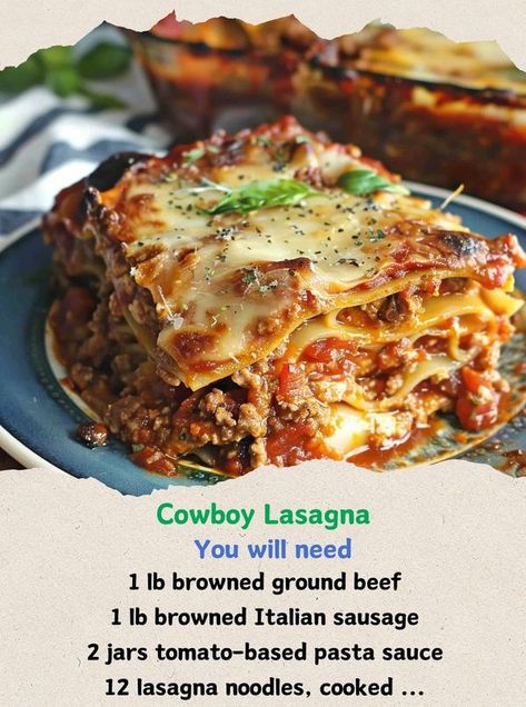 Cooking Family Recipes | Cowboy Lasagna | Facebook Cowboy Lasagna, Meat Lasagna, Layered Salad, Lasagna Recipe, Family Recipes, Praise God, Italian Sausage, Cooking Ideas, Pasta Dishes