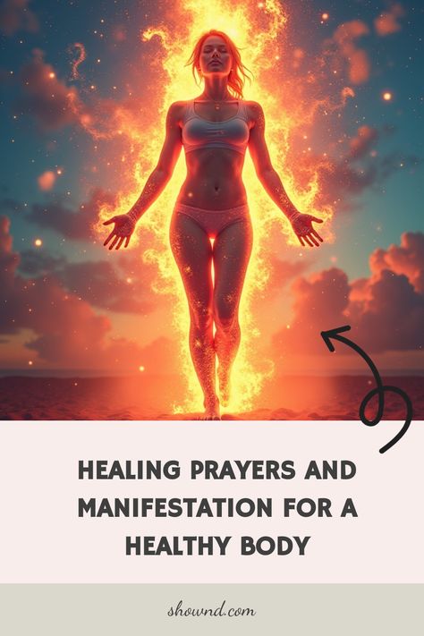 Woman standing in a meditative pose surrounded by a fiery aura, with text about healing prayers and manifestation for a healthy body. Sending Positive Energy, Childhood Neglect, Emotional Abandonment, Healing Quotes Spiritual, Recovering From Surgery, Power Of Healing, Healing Prayers, Friend In Need, Healing Prayer