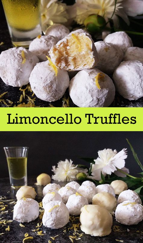 Limoncello Truffles : Joined forces of Limoncello and white chocolate and no baking required. Just enough to make you smile. Small Italian Desserts, Recipes With Limoncello, Limoncello Dessert Recipes, Mini Italian Desserts, Lemoncello Recipes Desserts, Limoncello Truffles, Lemoncello Recipes, Truffles Lemon, Italian Kisses