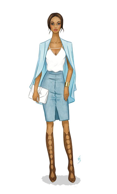 Fashion Illustration by Lydia Snowden. Muted blue monochromatic outfit with gladiator sandals. Blue Monochromatic Outfit, Croquis Fashion, Fashion Model Sketch, Mens Fashion Illustration, Art Outfits, Fashion Illustration Sketches Dresses, Monochromatic Outfit, Fashion Design Sketchbook, Fashion Drawing Dresses