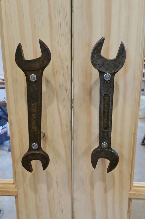 When we put in the lovely french doors in our new shop building we knew we wanted some special handles. We looked around at antique s... Door Handle Wrench, Barn Door Pull Handle, Rustic Door Handles Wild West Hardware, Door Handle Antique, Garage Door Handles, Railroad Spike Door Handle, Garage Workshop Organization, Urban Rustic, Black Door Handles