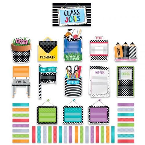 Bold & Bright Class Jobs Mini Bulletin Board Set, CTP2184 Industrial Diy Decoration Ideas, Industrial Diy Decoration, Classroom Jobs Bulletin Board, Student Job, Classroom Jobs Display, Bright Classroom, Teacher Magazine, Camping Theme Classroom, Job Cards