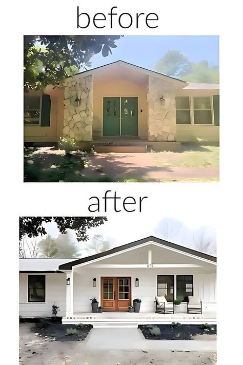 Lone Fox Home Bungalow Exterior Makeover Before After, Window Before And After, Small House Exterior Remodel, Front Of House Before And After, House Restoration Before And After, Removing Shutters Before And After, Ranch Home Exteriors Before And After, Small Home Remodel Before After, Flat Front House Makeover