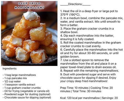 Deep Fried Marshmallows Fried Marshmallows, Deep Fried Marshmallows, Deep Fried Desserts, Fried Dessert, Recipes With Marshmallows, Thanksgiving Food Desserts, Sweet Snacks Recipes, Delicious Snacks Recipes, Fair Food Recipes