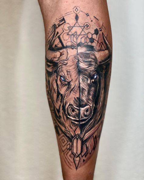 30+ Taurus Tattoos That Are As Awesome As The Sign It Represents - 100 Tattoos Taurus Half Sleeve Tattoo, Taurus Tattoo Men Forearm, Taurus Arm Tattoo Men, Taurus Bull Tattoos For Men Arm, Mens Taurus Tattoo, Tattoo Ideas For Men Taurus, Bull Calf Tattoo, Taurus Tattoo Men Zodiac Design, Taurus Forearm Tattoo