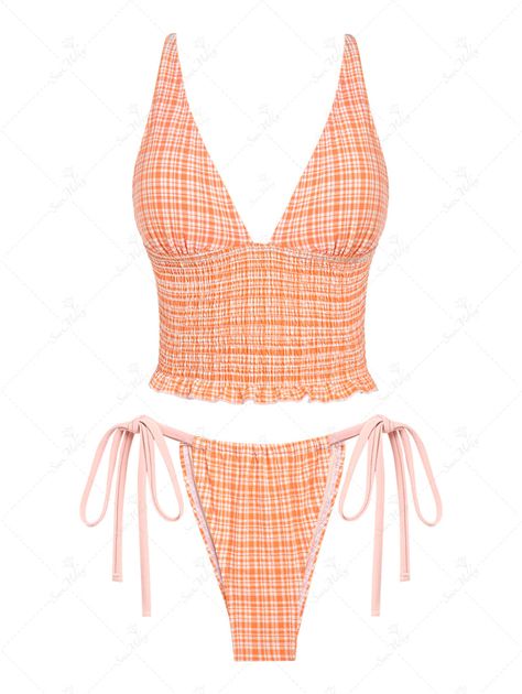 Seamolly Gingham Smocked Ruffled Trim Tie Side Chic Tankini Set Midsize Swim, Beachwear Aesthetic, Midsize Swimwear, Swimming Sets, Cute One Piece Bathing Suits, Bright Swimsuit, Gingham Swimsuit, Beach Fit, Floral Swimwear