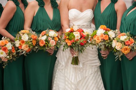 Orange-and-Green Bouquets Orange Wedding Color Scheme, Green Fall Weddings, Orange Wedding Decorations, Wedding Felt, Orange Wedding Themes, Orange Wedding Colors, Indoor Garden Wedding, Green Themed Wedding, Green Bouquet