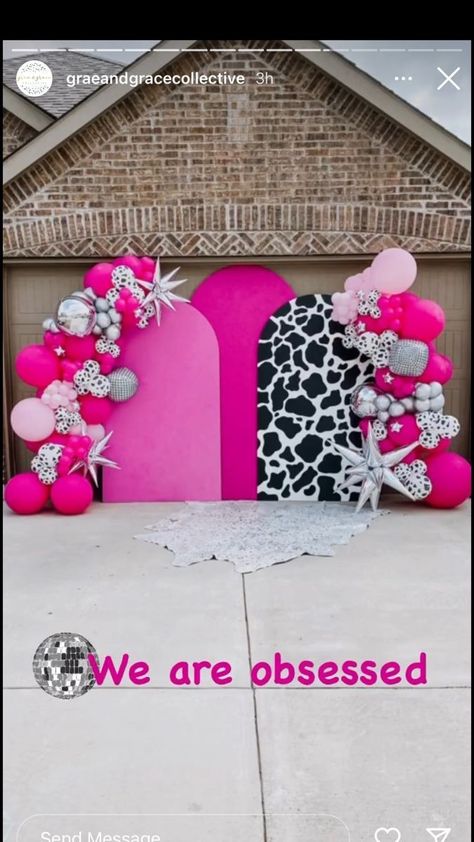 Hot Pink Rodeo Party, Space Cowgirl Balloon Garland, Disco Cowgirl Party Backdrop, Rodeo Party 21, Cow Print And Hot Pink Birthday, Rodeo 30th Birthday, Pink And Cow Print Balloon Arch, Man I Feel Like Im One Birthday Party, Space Cowgirl First Birthday