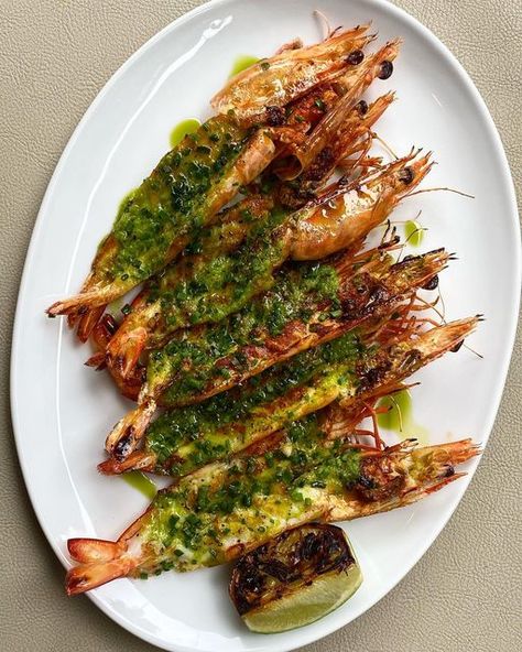 Shell On Prawn Recipes, Prawn Platter Presentation, Grilled Green Onions, Prawn Plating, Christmas Prawns, Pesto Prawns, Seafood Canapes, Joel Bennetts, New Years Menu Ideas