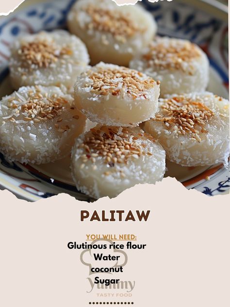 🍡 Satisfy your sweet tooth with these delightful Palitaw! 🍡 #Palitaw #FilipinoDessert Palitaw Ingredients: Glutinous rice flour (2 cups) Water (1 cup) Grated coconut (1 cup) Sugar (1/2 cup) Sesame seeds (1/4 cup, toasted) Instructions: Mix glutinous rice flour and water to form a dough. Shape into small, flat discs. Boil water in a pot and cook the discs until they float. Roll in grated coconut and sprinkle with sugar and toasted sesame seeds. Enjoy these sweet and chewy Filipino treats! ... Filipino Merienda, Glutinous Rice Flour, Filipino Desserts, Food Sweet, Glutinous Rice, Toasted Sesame Seeds, Grated Coconut, Small Flat, Rice Flour