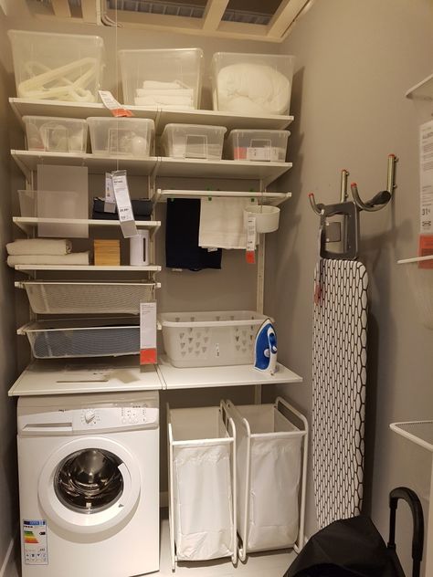 Boaxel Ikea Ideas Laundry, Boaxel Laundry Room, Room Ikea Ideas, Tiny Utility Room Ideas, Laundry Room Ikea, Laundry In Kitchen, Ikea Showroom, Ikea Laundry, Bathroom Laundry Room