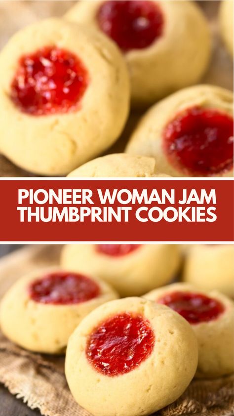 Pioneer Woman Jam Thumbprint Cookies are made with all-purpose flour, salt, unsalted butter, granulated sugar, light brown sugar, egg yolk, vanilla extract, and raspberry jam. Expect to spend 45 minutes for 24 servings. Butter Jam Cookies, Jam Thumbprint Cookies Easy, Sugar Thumbprint Cookies, Jelly Cookies Thumbprint, Jelly Thumbprint Cookies Recipe, Jam Print Cookies, Thumb Drop Cookies, Peanut Butter Blooms Cookies, Jam Cookies Thumbprint