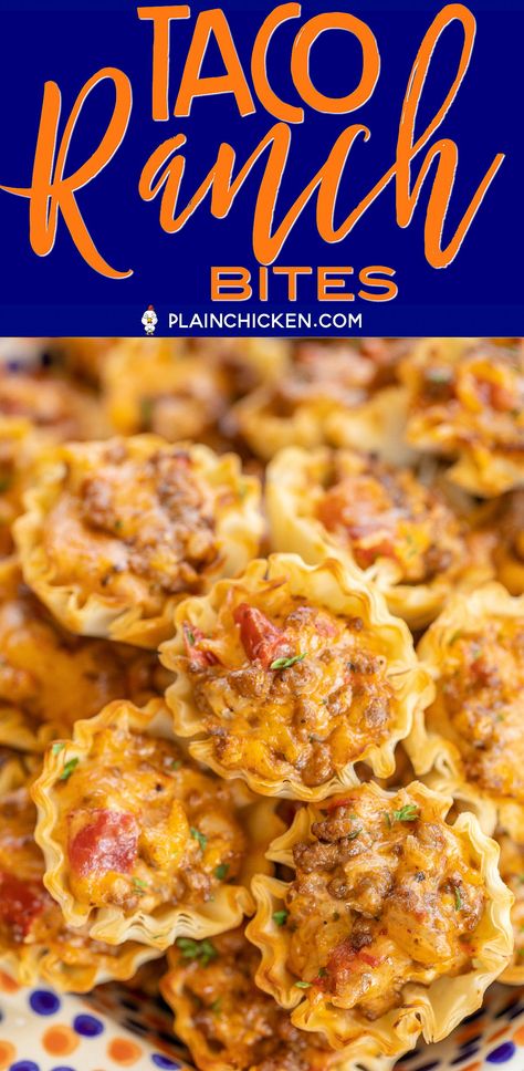 Taco Ranch Bites - seriously delicious!! Only 6 ingredients! Ground beef, taco seasoning, diced tomatoes and green chiles, cheddar cheese, ranch dressing and phyllo tart shells. Can make ahead and refrigerate or freeze for later. I always have a batch in the freezer for a quick snack! Great for tailgating and parties! I never come home with leftovers. Everyone LOVES these cheesy taco bites. #tailgating #taco #beef #ranch #appetizer #partyfood #freezermeal Taco Ranch Bites, Special Appetizers, Phyllo Tart, Beef Taco Seasoning, Ground Beef Taco Seasoning, Taco Bites, Ground Beef Taco, Beef Taco, Make Ahead Appetizers