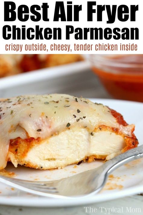 Air fryer chicken parm is the best! Crispy outside smothered with cheese and tender chicken parmesan inside makes for the perfect hearty dinner. #chickenparmesan #chicken #airfryer #chickenbreast #airfryerrecipes #ninjafoodi Instapot Duo, Chicken Airfryer, Flavorful Chicken Breast Recipes, Air Fryer Chicken Parmesan, Chicken Parm Recipes, Easy Air Fryer Chicken, Mains Recipes, New Air Fryer Recipes, The Best Air Fryer