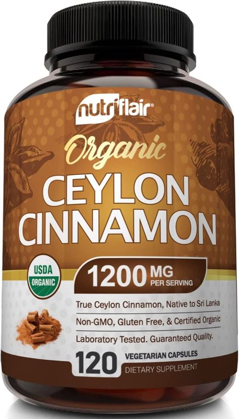 NutriFlair Organic Ceylon Cinnamon Supplement 1200mg, 120 Capsules - USDA Certified Organic Cinnamon - Non-GMO, Gluten Free Cinnamon Powder, Antioxidant Cinnamon Pills - Supports Glucose Metabolism Metabolism Foods, Gluten Free Cinnamon, Healing Remedies, Ceylon Cinnamon, Turmeric Curcumin, Cinnamon Powder, Protein Supplements, Cardiovascular Health, Usda Organic