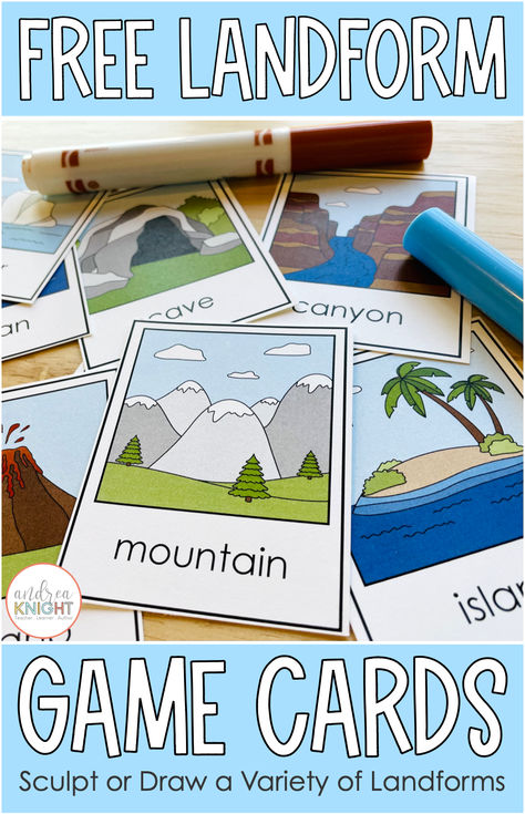 We love learning about landforms! We read about them, build them, watch videos, all the things. But one of our favorites is to play landforms games. These cards can be used to play fun group games where children draw or sculpt specific landforms for their teammates to guess. From hills and mountains to canyons and valleys, this set includes a wide variety of landforms to review. Grab the pack and get ready to play! 3rd Grade Landforms, Land Formations Activities, Landforms For Kindergarten, Playdough Landforms, Landforms Activities Kindergarten, Landforms Model Projects 2nd Grade, Landform Activities For Kids, Landforms Kindergarten, Landform Projects For Kids